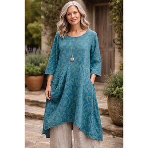 Grizas Womens Dress Sz Small Teal Geometric Silk Cotton Lagenlook Asymmetric